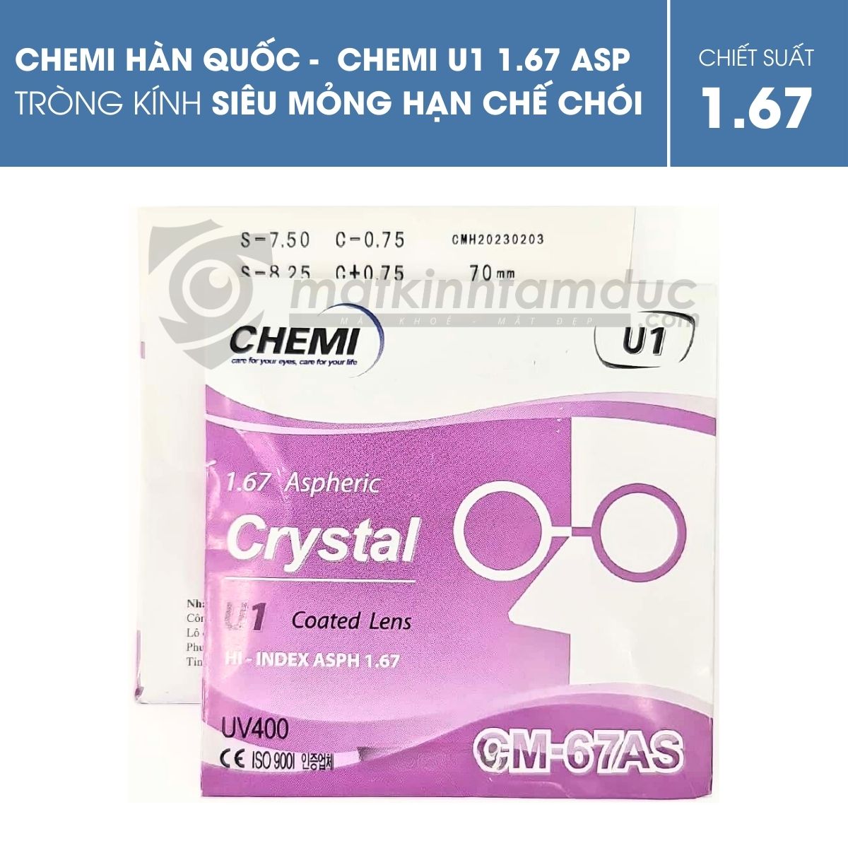 Tròng kính Chemi ASP Crystal U1 Coated 1.67 - Ảnh 3