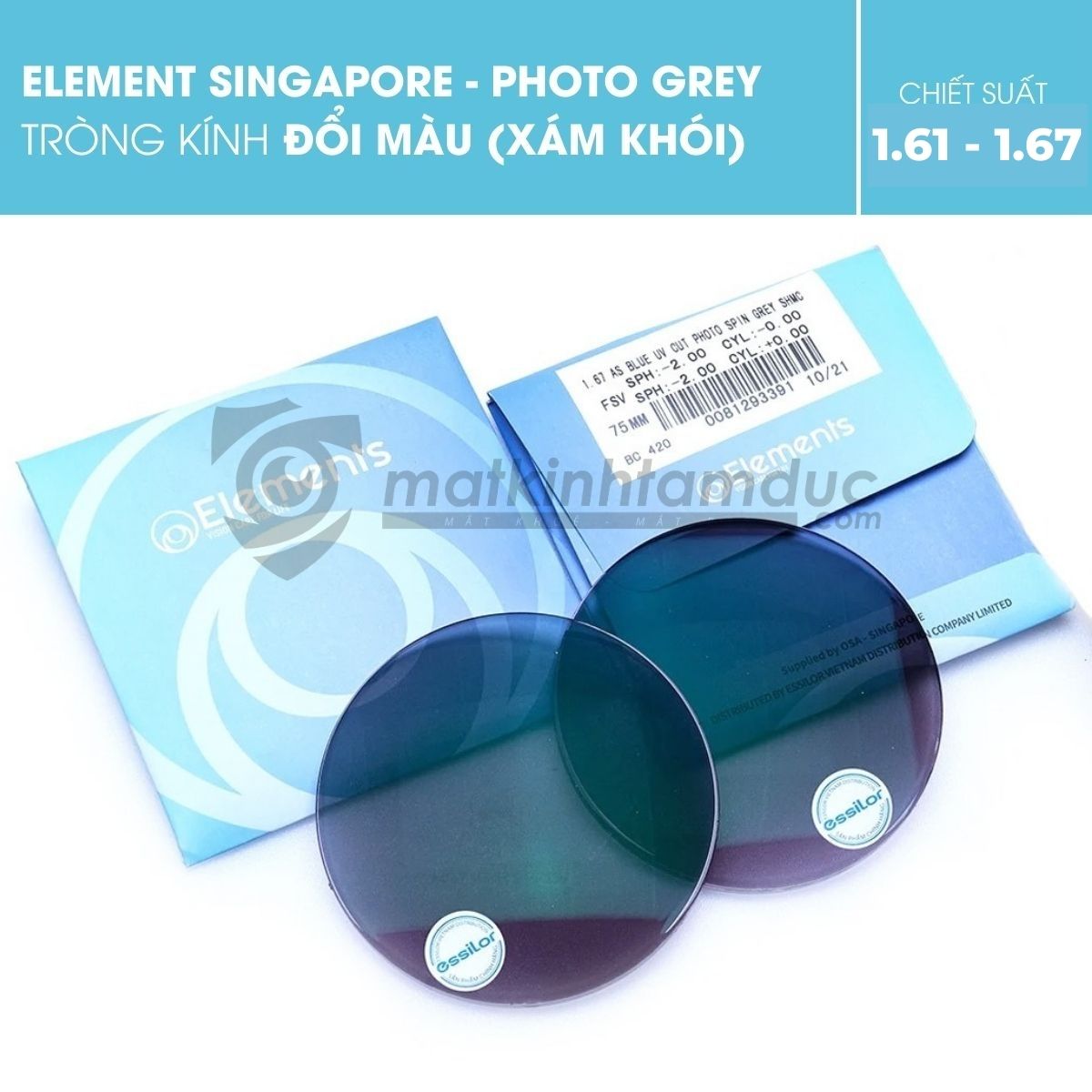 Tròng kính đổi màu Elements Blue UV Cut Photo Grey - Ảnh 2