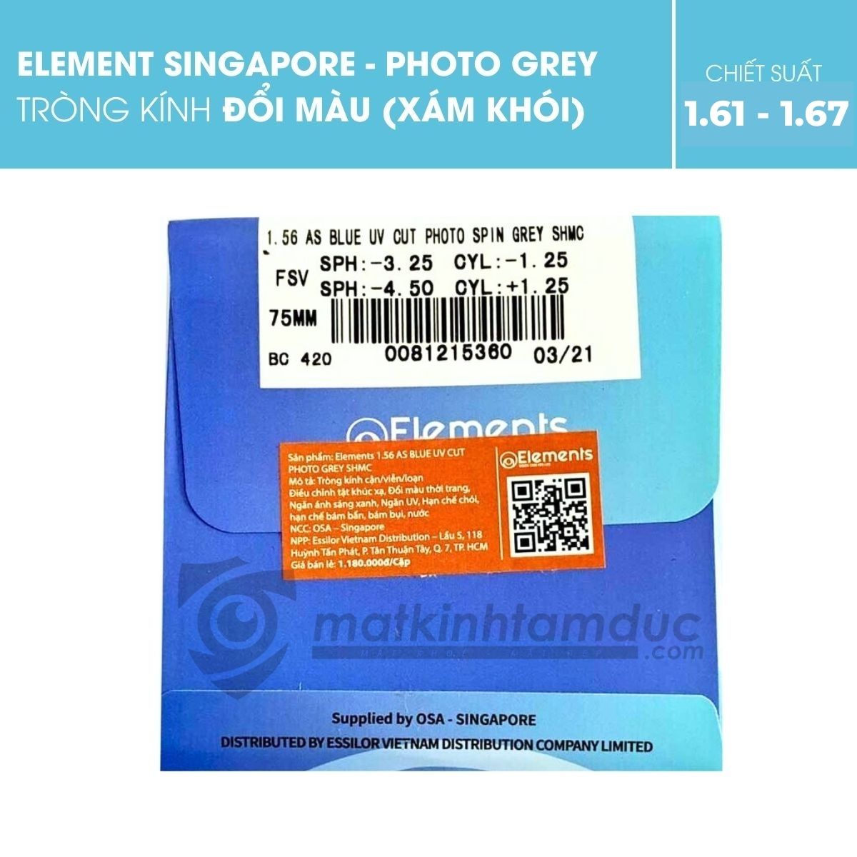 Tròng kính đổi màu Elements Blue UV Cut Photo Grey - Ảnh 3