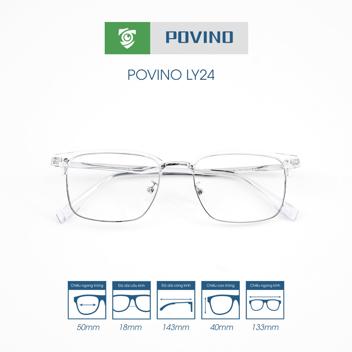 Gọng kính POVINO POLY24 chính hãng phom viền trên đậm chất liệu gọng kính kim loại