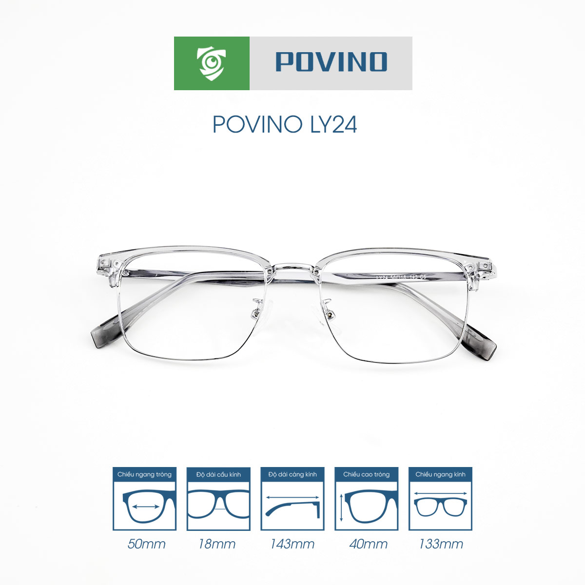 Gọng kính POVINO POLY24 chính hãng phom viền trên đậm chất liệu gọng kính kim loại
