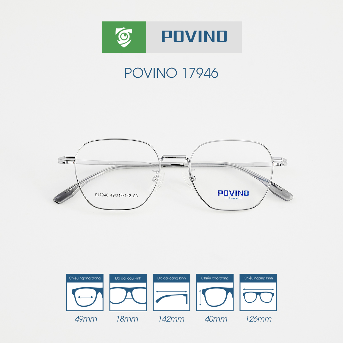 Gọng kính POVINO PO17946 chính hãng phom đa giác bo tròn chất liệu gọng kính kim loại