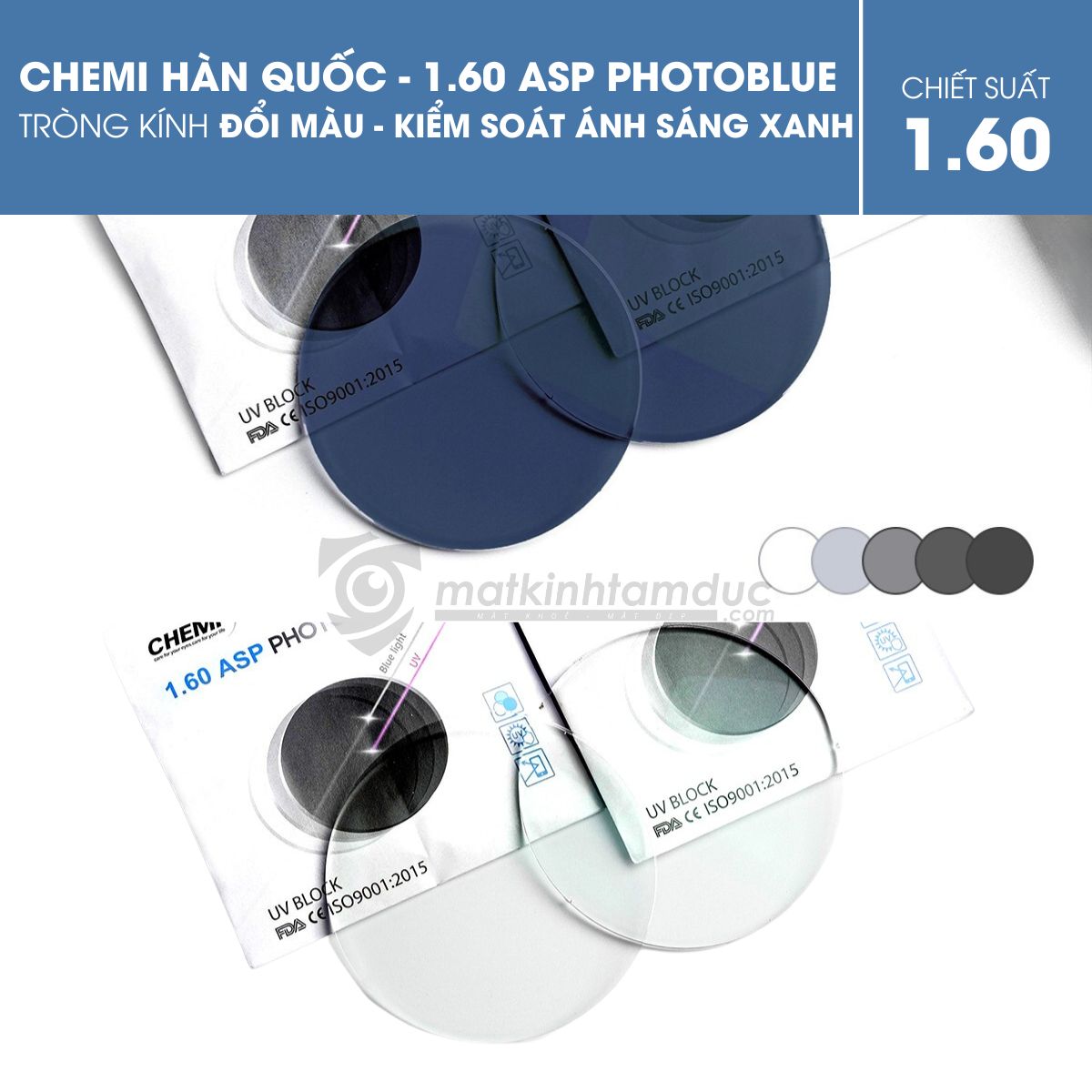 Tròng kính đổi màu kiểm soát ánh sáng xanh - Chemi 1.60 ASP PhotoBlue - Ảnh 2
