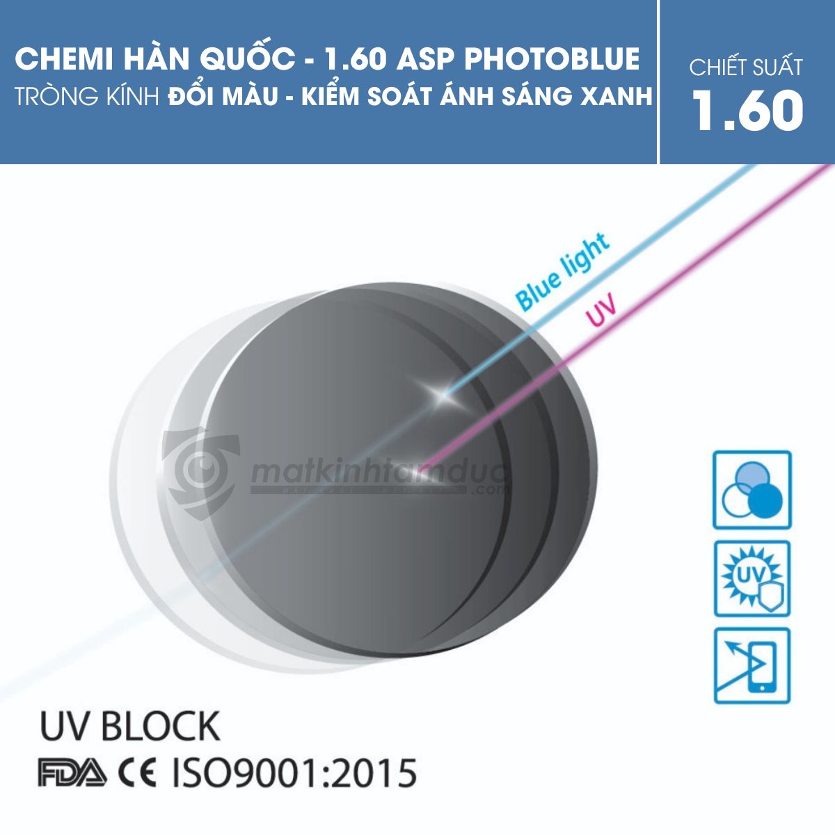 Tròng kính đổi màu kiểm soát ánh sáng xanh - Chemi 1.60 ASP PhotoBlue