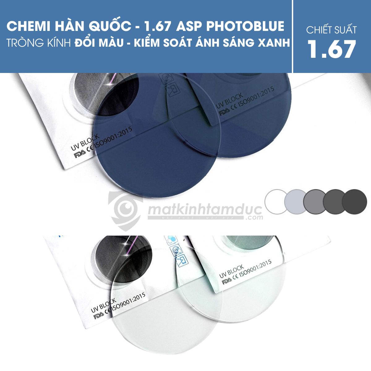 Tròng kính đổi màu kiểm soát ánh sáng xanh - Chemi 1.67 ASP PhotoBlue - Ảnh 3