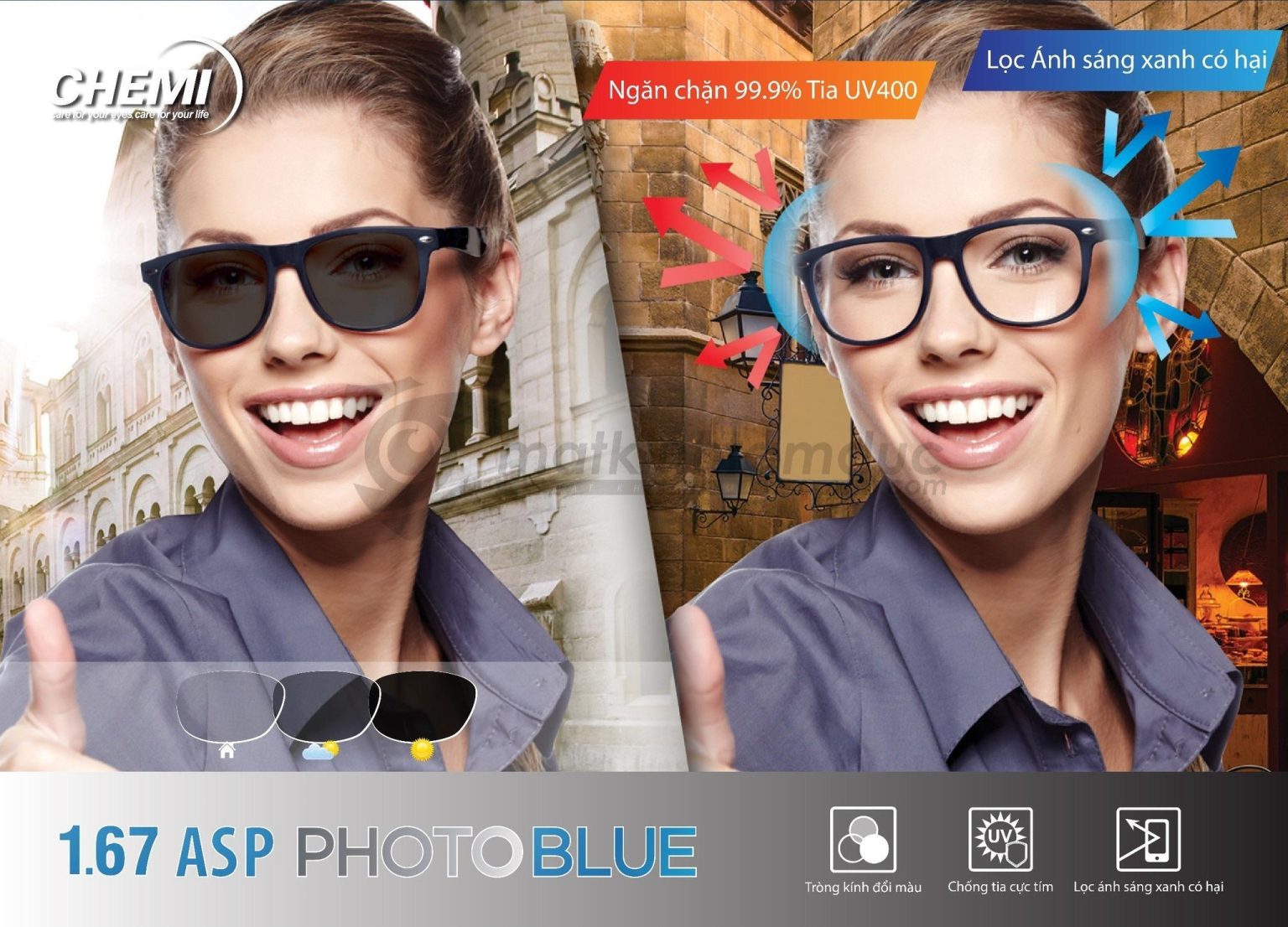 Tròng kính đổi màu kiểm soát ánh sáng xanh - Chemi 1.67 ASP PhotoBlue - Ảnh 4
