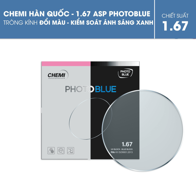 Tròng kính đổi màu kiểm soát ánh sáng xanh - Chemi 1.67 ASP PhotoBlue - Ảnh 1