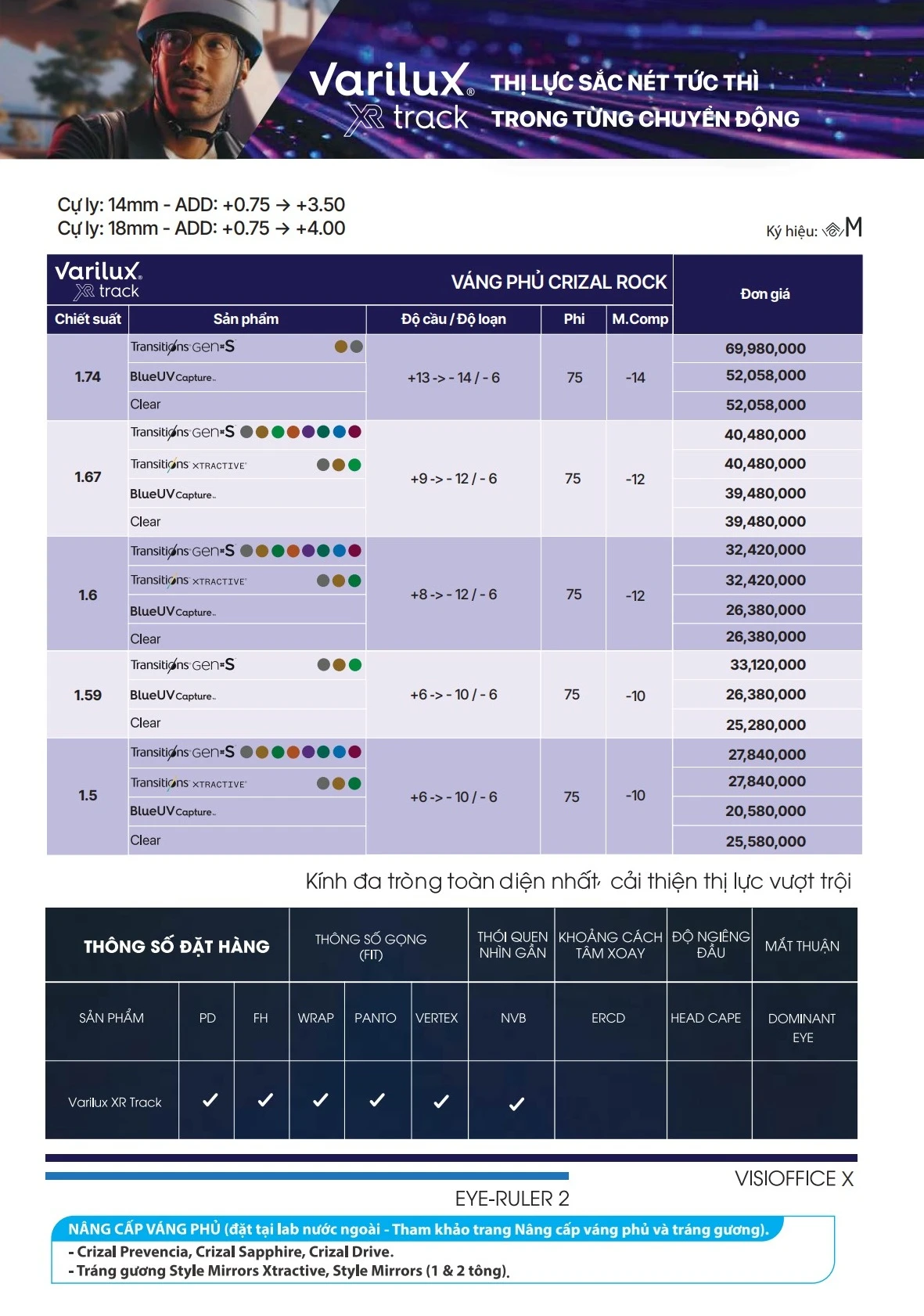 Khám phá tròng kính đa tròng Essilor Varilux XR Track mới nhất từ Essilor – giải pháp ưu việt cho người cần kính đa tròng. Tối ưu tầm nhìn, chuyển vùng nhìn mượt mà, thích ứng nhanh, trải nghiệm thoải mái suốt ngày dài.