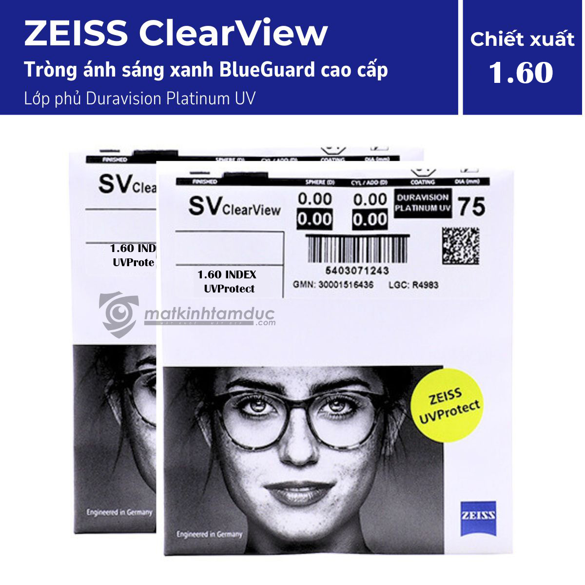 Tròng kính ZEISS 1.60 ClearView BlueGuard DuraVision Platinum UV kiểm soát ánh sáng xanh