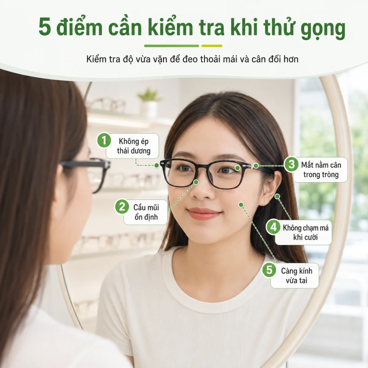 Năm điểm cần kiểm tra khi thử gọng kính cho khuôn mặt tròn