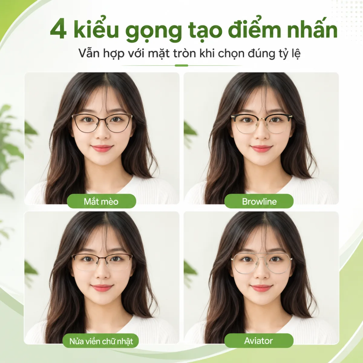 Các kiểu gọng mắt mèo, browline, nửa viền và aviator phù hợp với mặt tròn