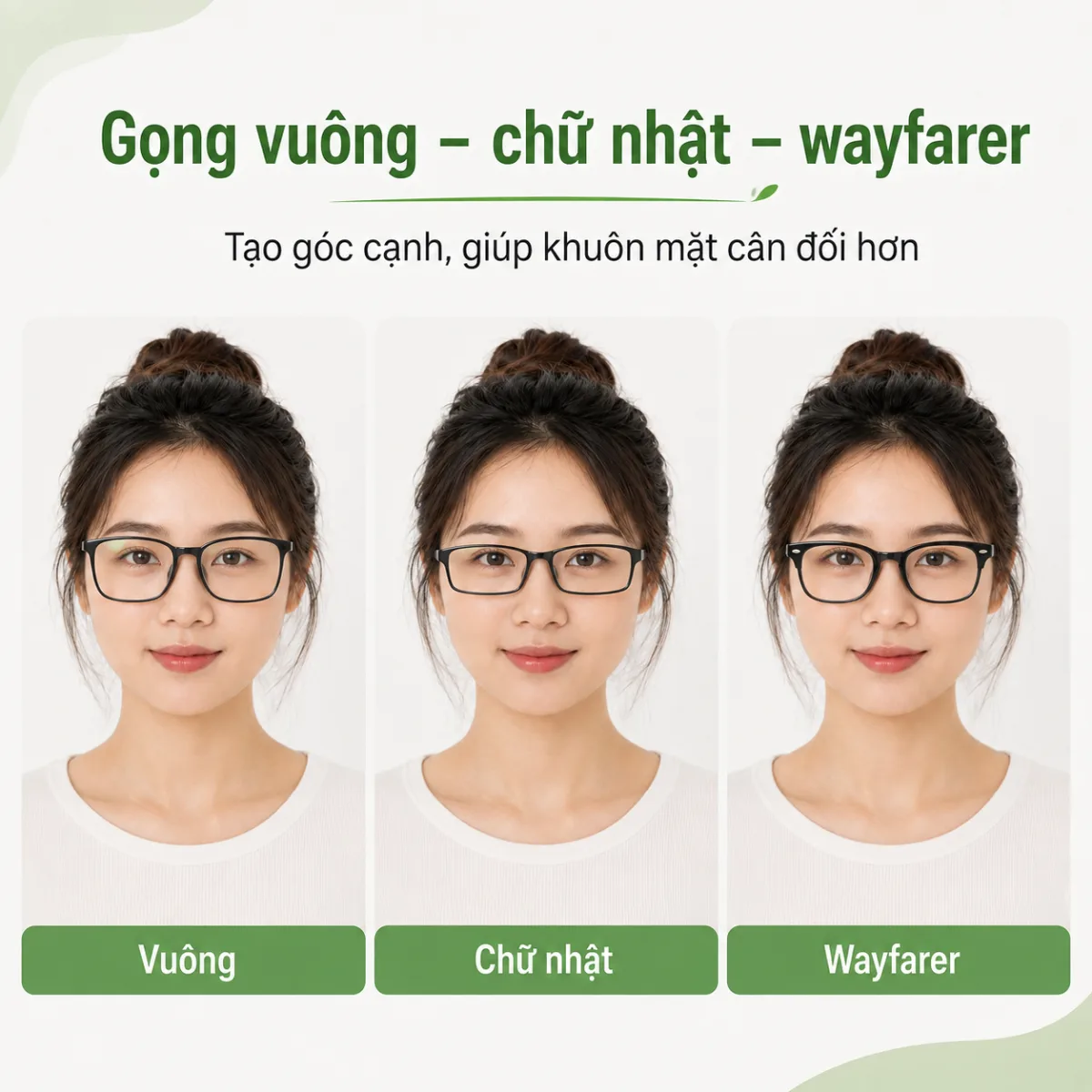 So sánh gọng vuông, chữ nhật và wayfarer trên khuôn mặt tròn