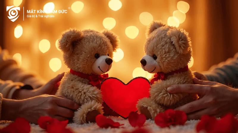 Hai chú gấu cùng hình trái tim chính giữa thể hiện tình yêu lãng mạn của cặp đôi trong ngày Valentine
