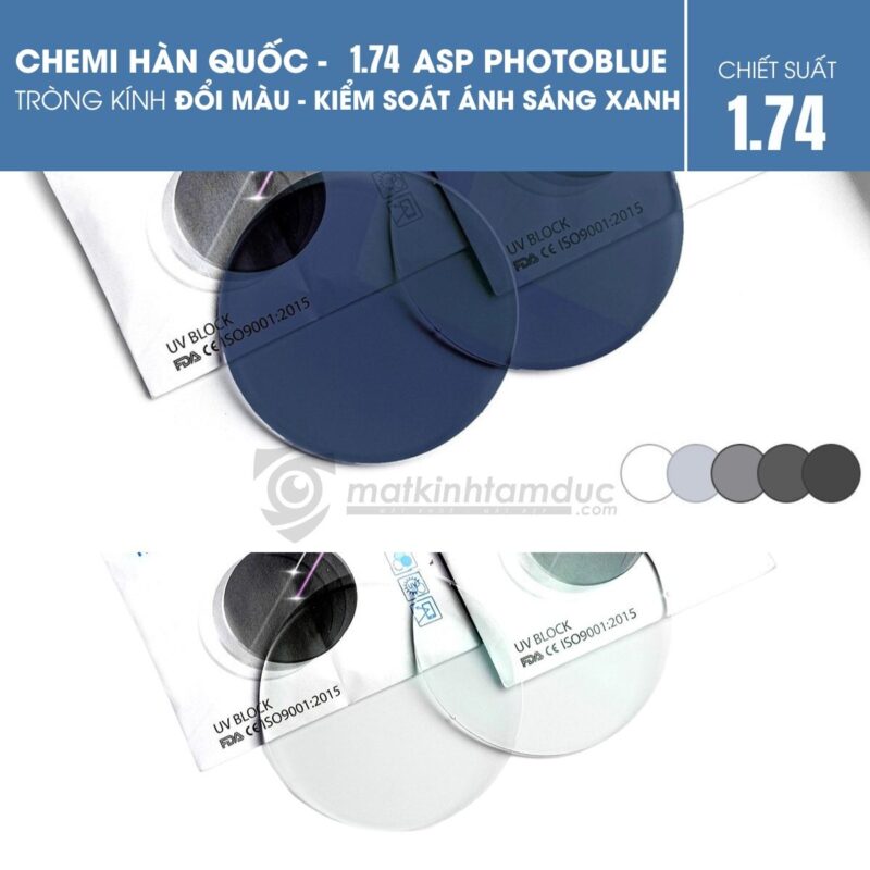 Tròng kính đổi màu kiểm soát ánh sáng xanh - Chemi 1.74 ASP PhotoBlue