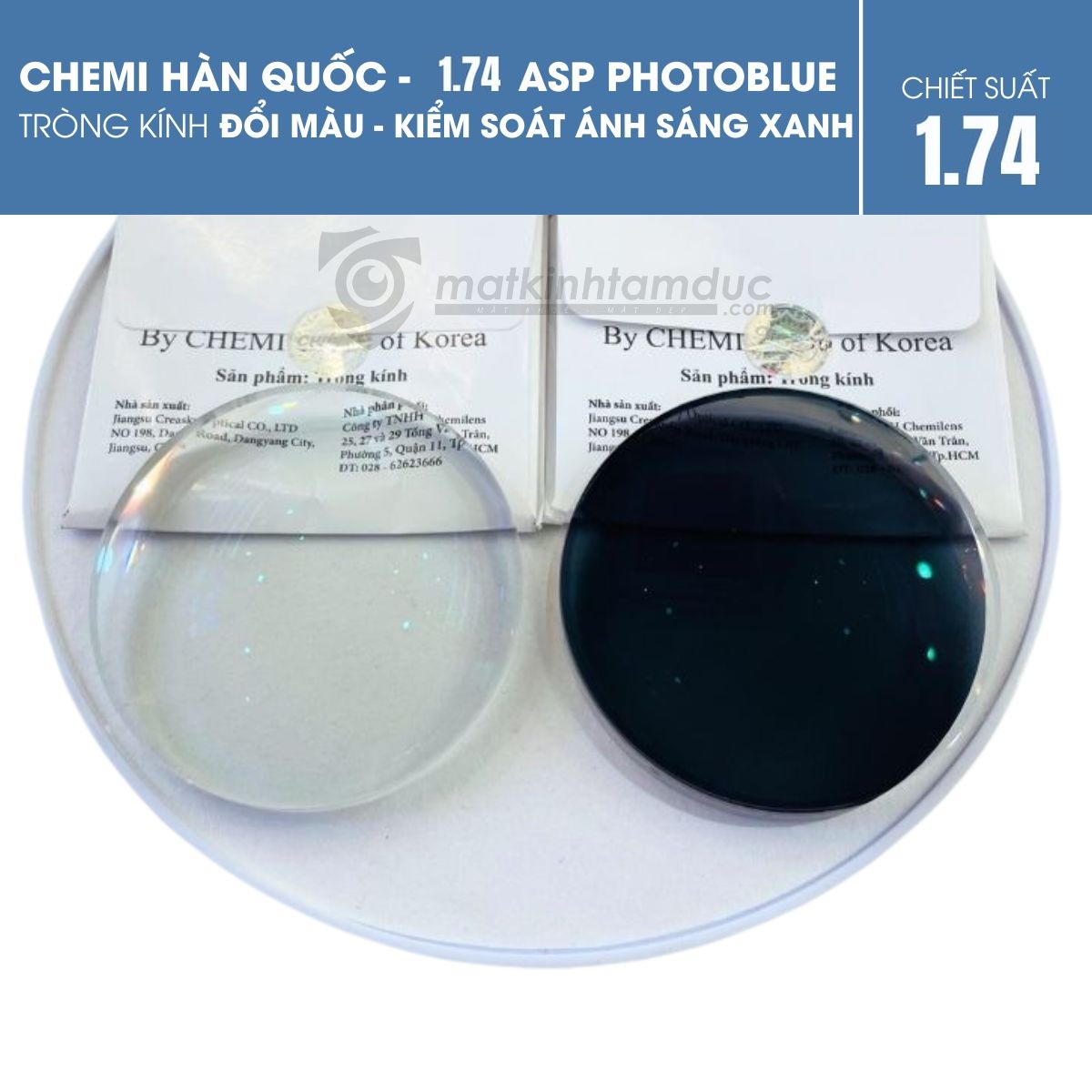 Tròng kính đổi màu kiểm soát ánh sáng xanh - Chemi 1.74 ASP PhotoBlue - Ảnh 3