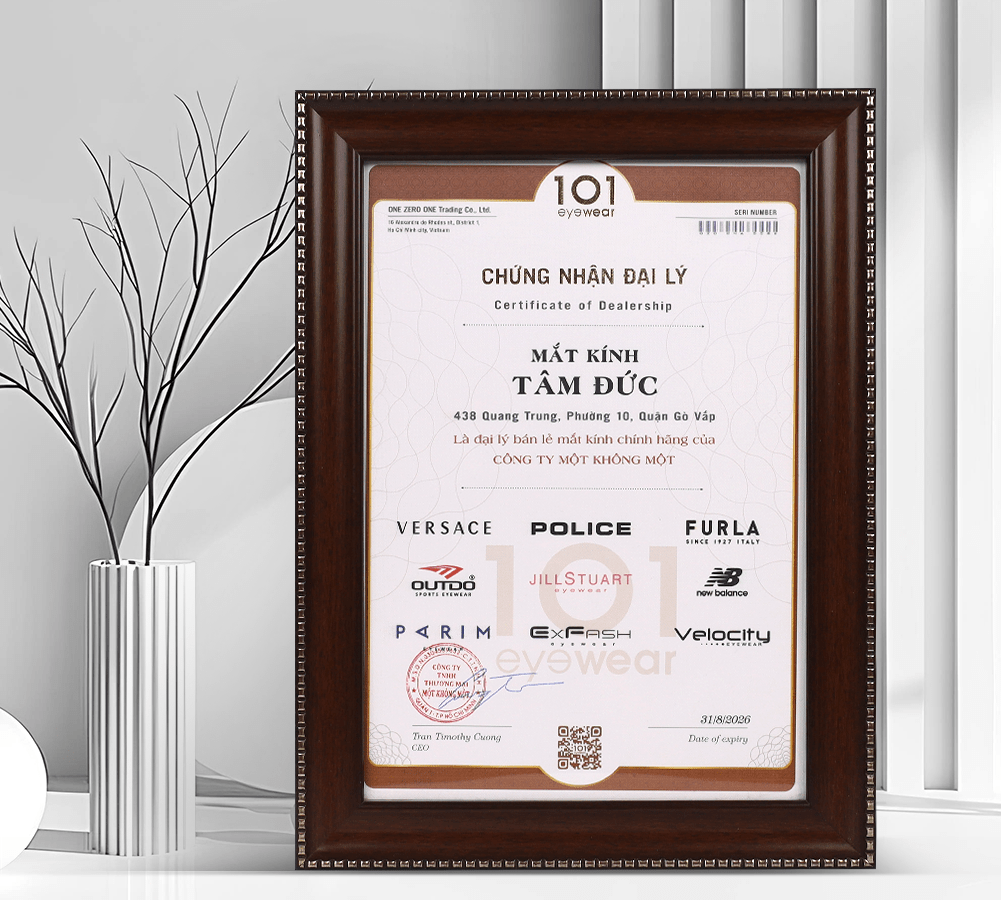 Giấy chứng nhận “Đại lý bán lẻ mắt kính chính hãng" của CÔNG TY MỘT KHÔNG MỘT 