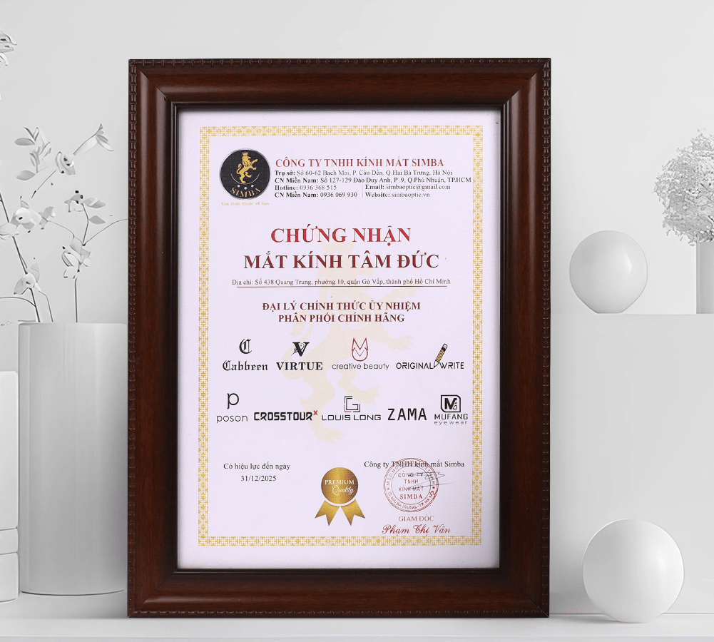 Giấy chứng nhận “Đại Lý Chính Thức Ủy Nhiệm Phân Phối Chính Hãng” của Công ty TNHH Kính Mắt Simba