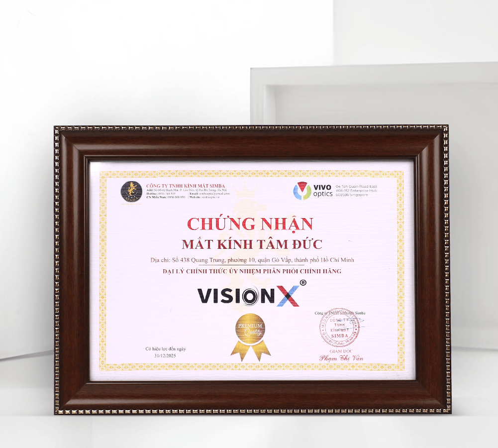 Giấy chứng nhận “Đại lý ủy quyền phân phối chính hãng Vision X” Công ty TNHH Kính Mắt Simba