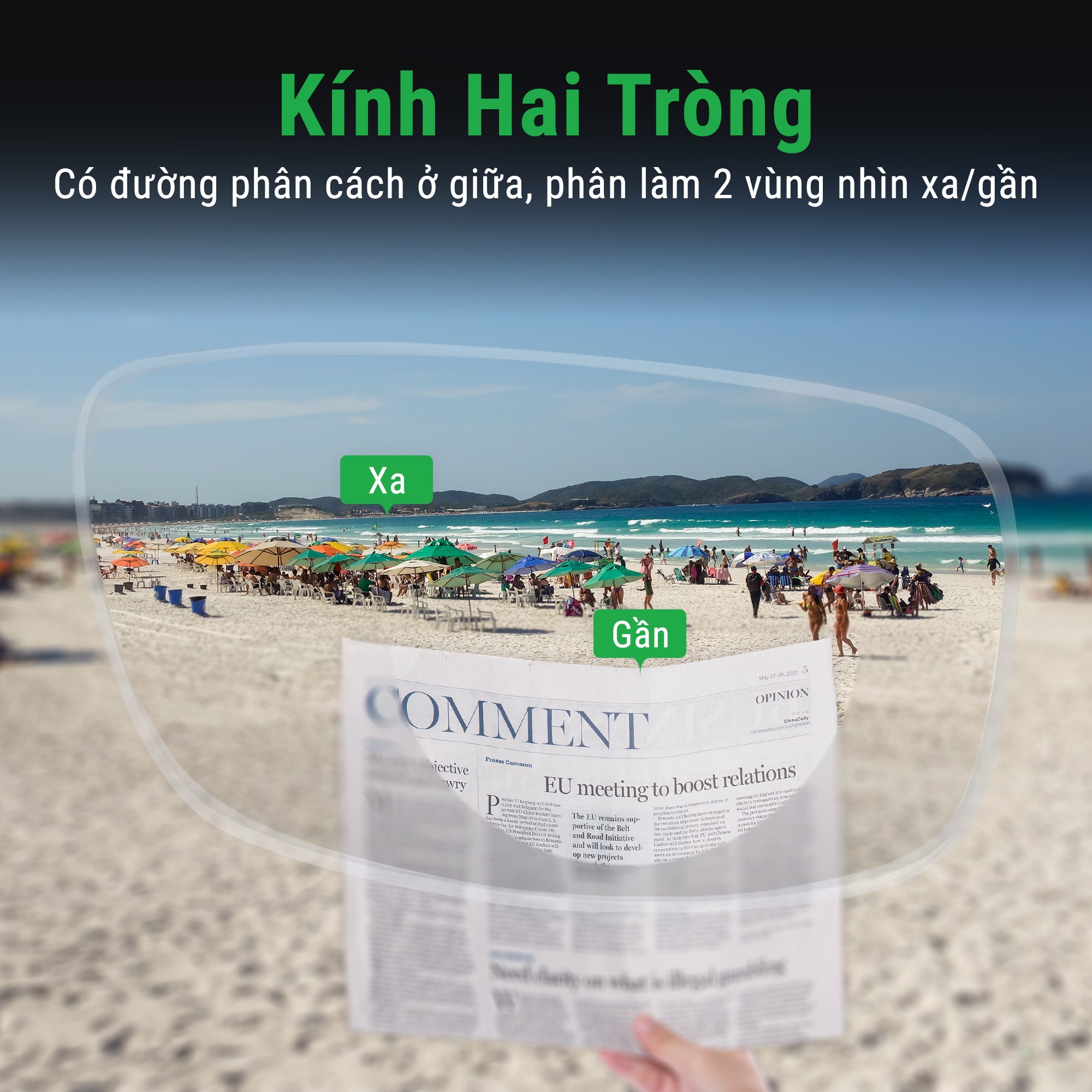 Kính hai tròng là loại kính mắt được chia thành hai vùng thị lực rõ ràng: vùng nhìn xa chiếm phần lớn tròng kính phía trên, và một vùng hình bán nguyệt hoặc hình tròn nhỏ hơn nằm ở phần dưới, dành riêng cho nhìn gần