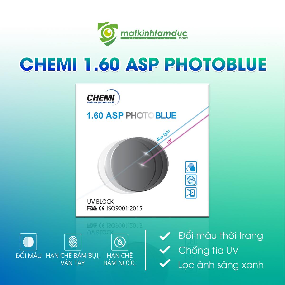 Chemi ASP PhotoBlue còn được trang bị lớp phủ hydrophobic và oleophobic, giúp tròng kính chống bám nước và vân tay luôn sạch sẽ, sáng bóng