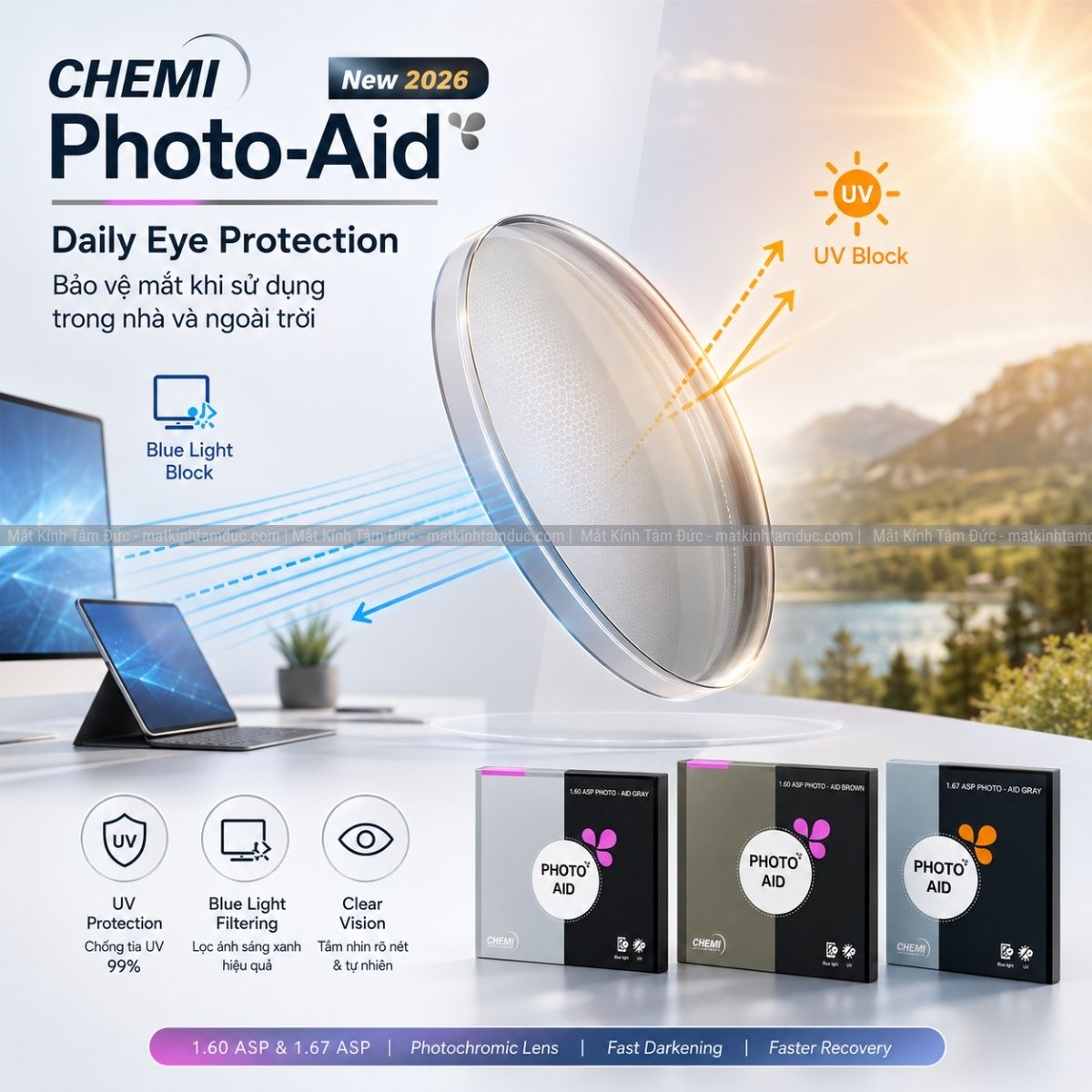 Tròng kính đổi màu kiểm soát ánh sáng xanh - Chemi Photo Aid 1.60 1.67 - Ảnh 4