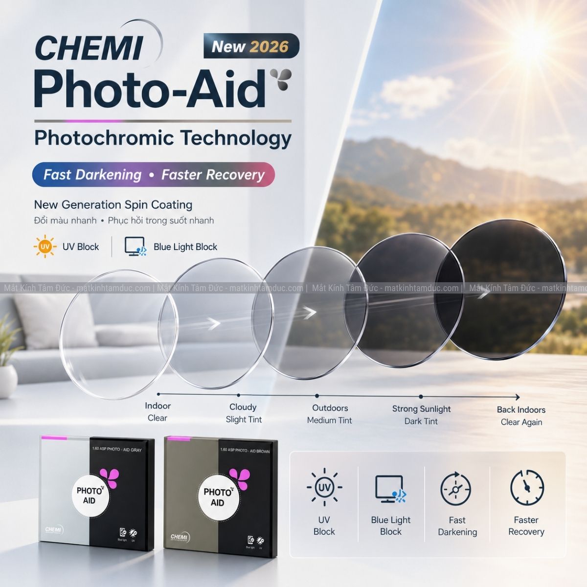Tròng kính đổi màu kiểm soát ánh sáng xanh - Chemi Photo Aid 1.60 1.67 - Ảnh 3