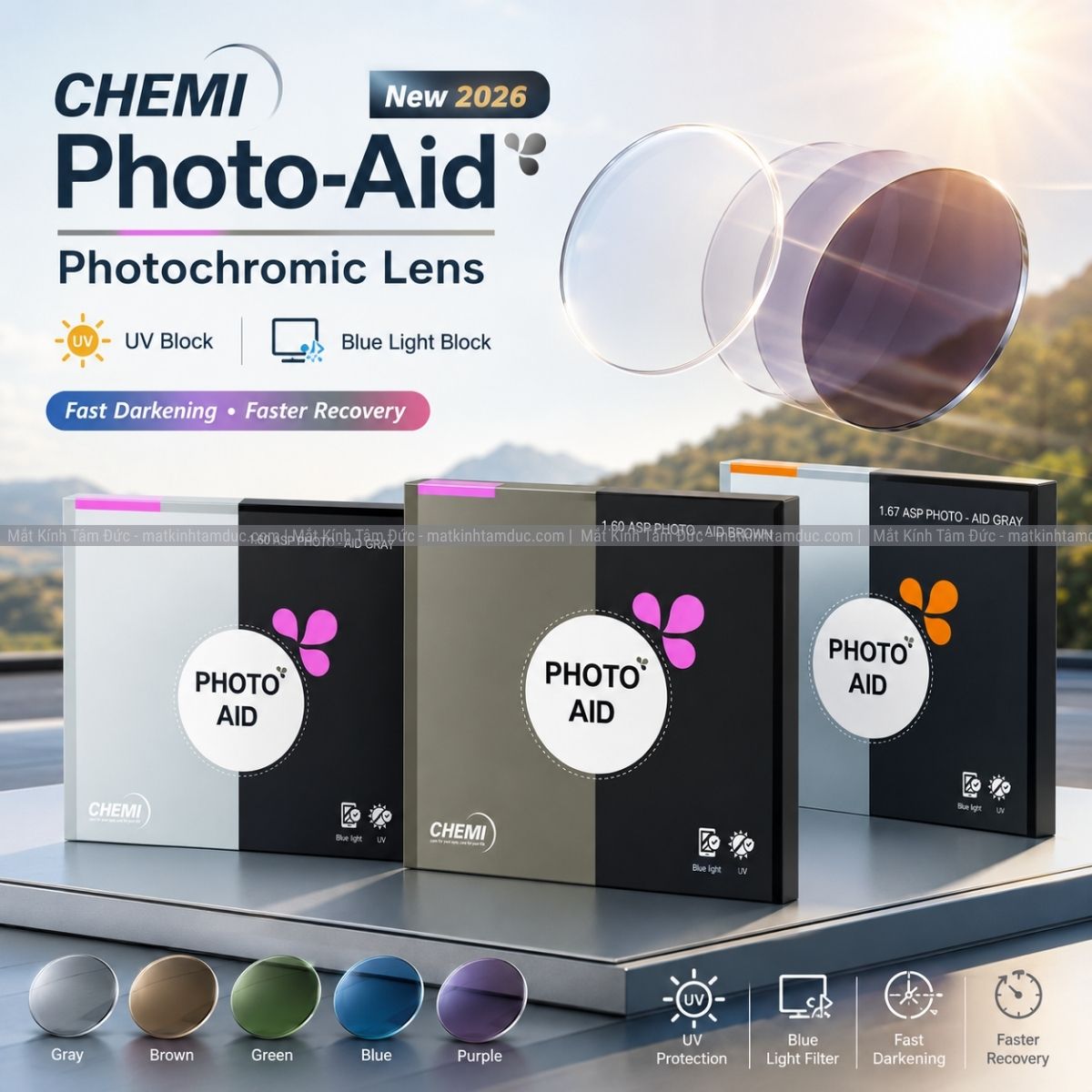 Tròng kính đổi màu kiểm soát ánh sáng xanh - Chemi Photo Aid 1.60 1.67 - Ảnh 1