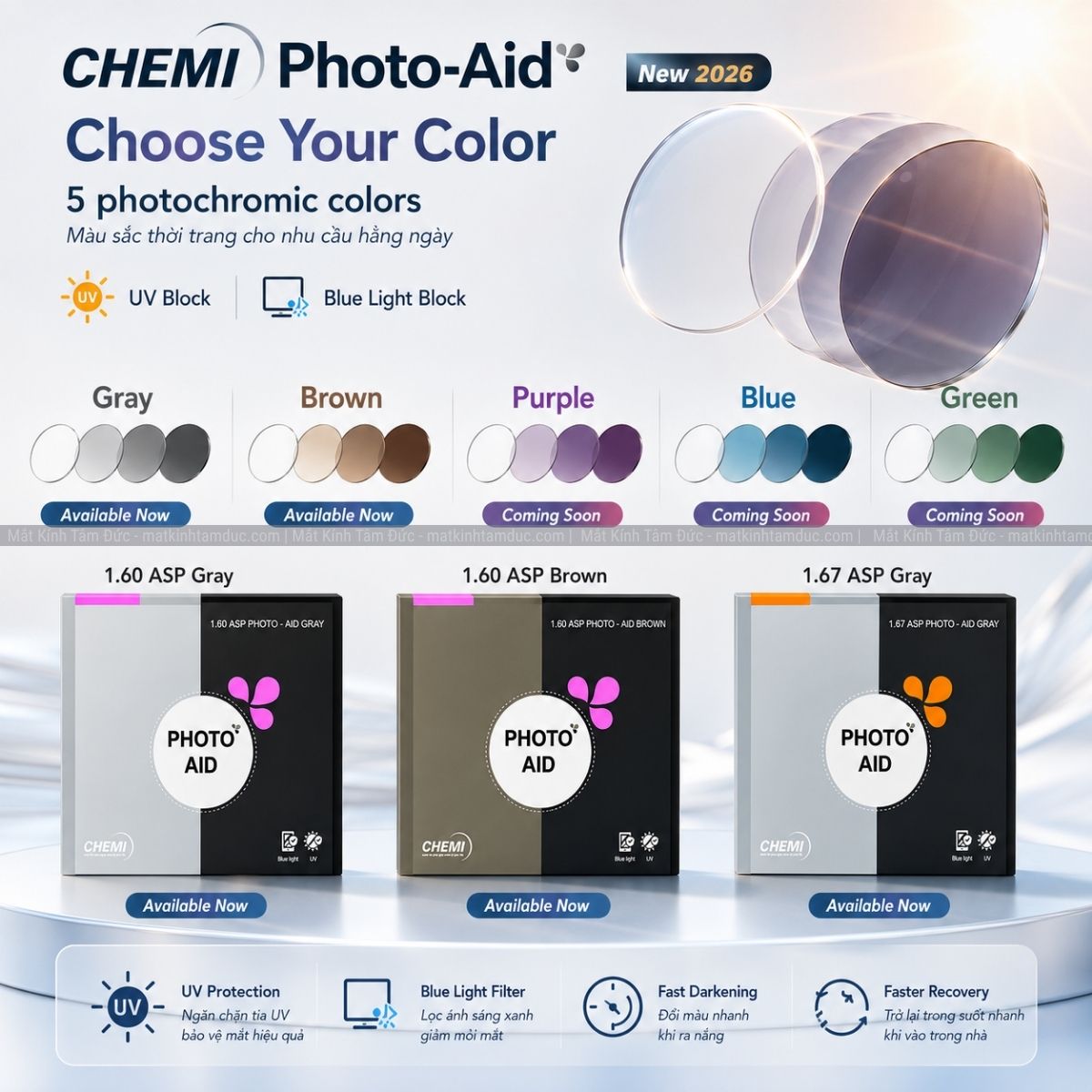 Tròng kính đổi màu kiểm soát ánh sáng xanh - Chemi Photo Aid 1.60 1.67 - Ảnh 2