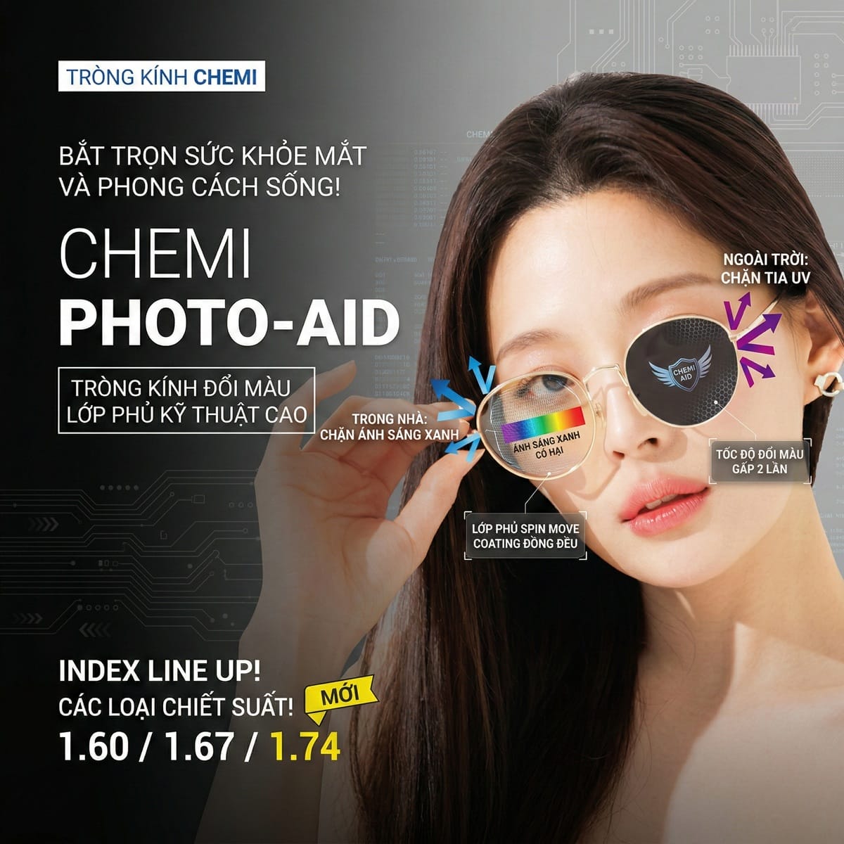 Tròng kính đổi màu kiểm soát ánh sáng xanh - Chemi Photo Aid 1.60 - Ảnh 1