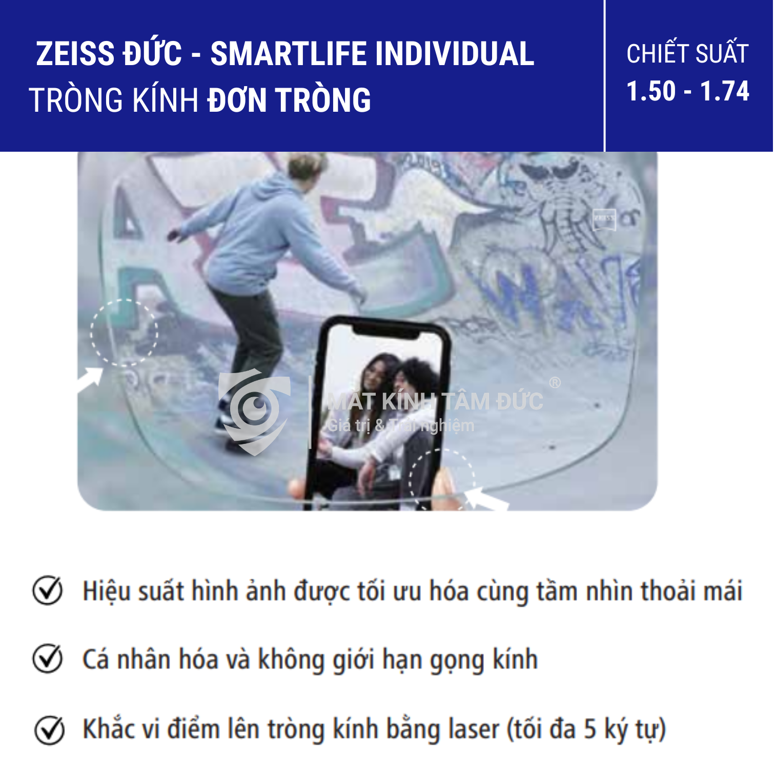 Tròng kính Đơn tròng ZEISS SmartLife Individual - Vật liệu UVProtect - Ảnh 1