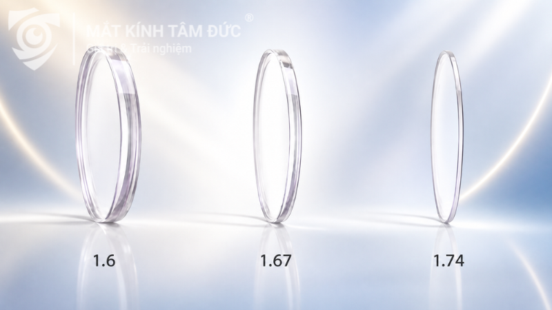 So sánh độ mỏng tròng kính siêu mỏng theo chiết suất 1.60, 1.67 và 1.74