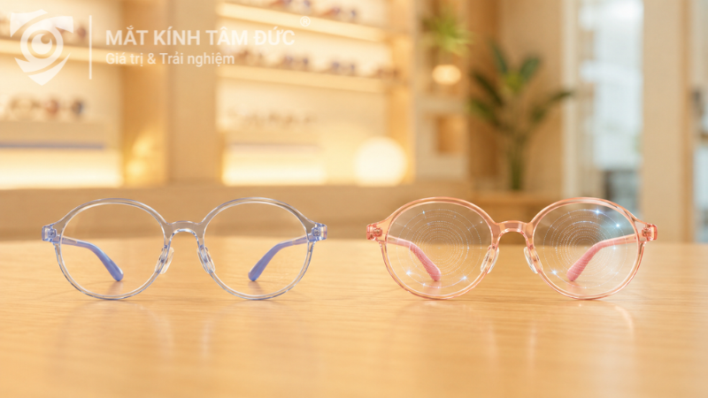 So sánh kính cận thông thường và tròng kính kiểm soát cận thị trên bàn tư vấn
