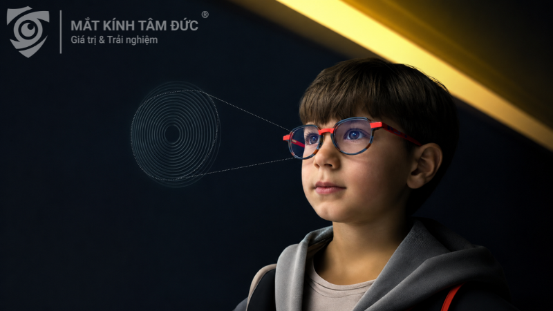 Bé trai đeo tròng kính kiểm soát cận thị với mô phỏng vùng kiểm soát quang học
