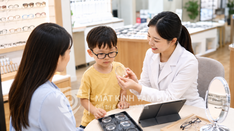 Chuyên viên tư vấn tròng kính kiểm soát cận thị cho phụ huynh và trẻ em tại cửa hàng mắt kính