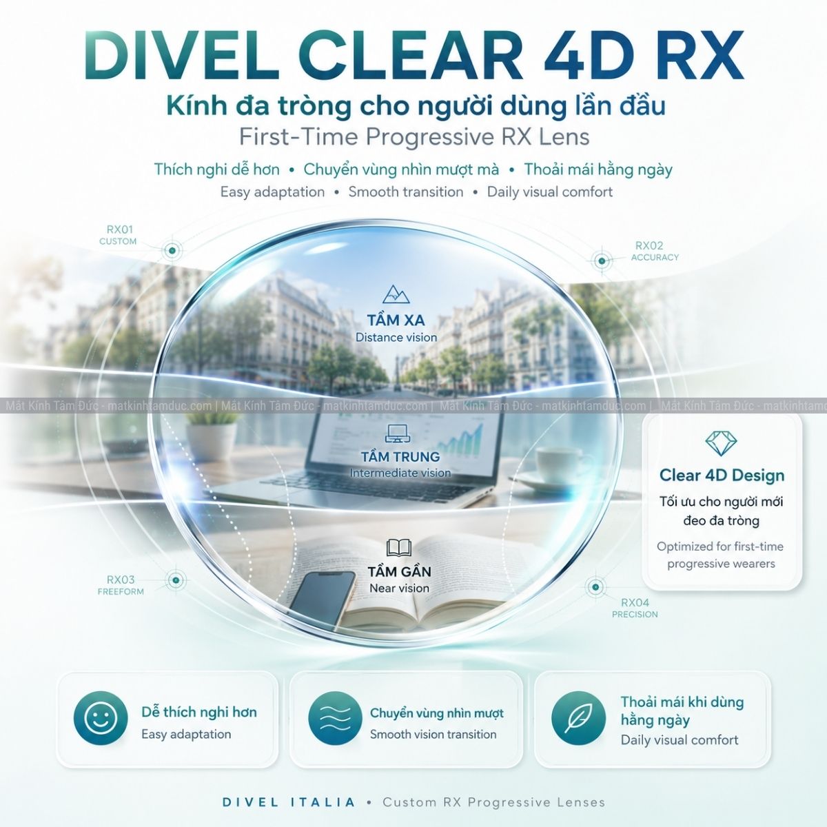 Kính đa tròng Đặt đánh DIVEL Clear 4D RX (Tối ưu cho người dùng lần đầu)
