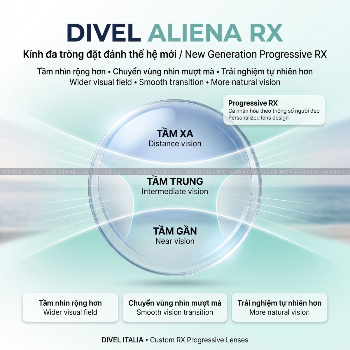 Kính đa tròng Đặt đánh thế hệ mới DIVEL Aliena (Progressive) RX