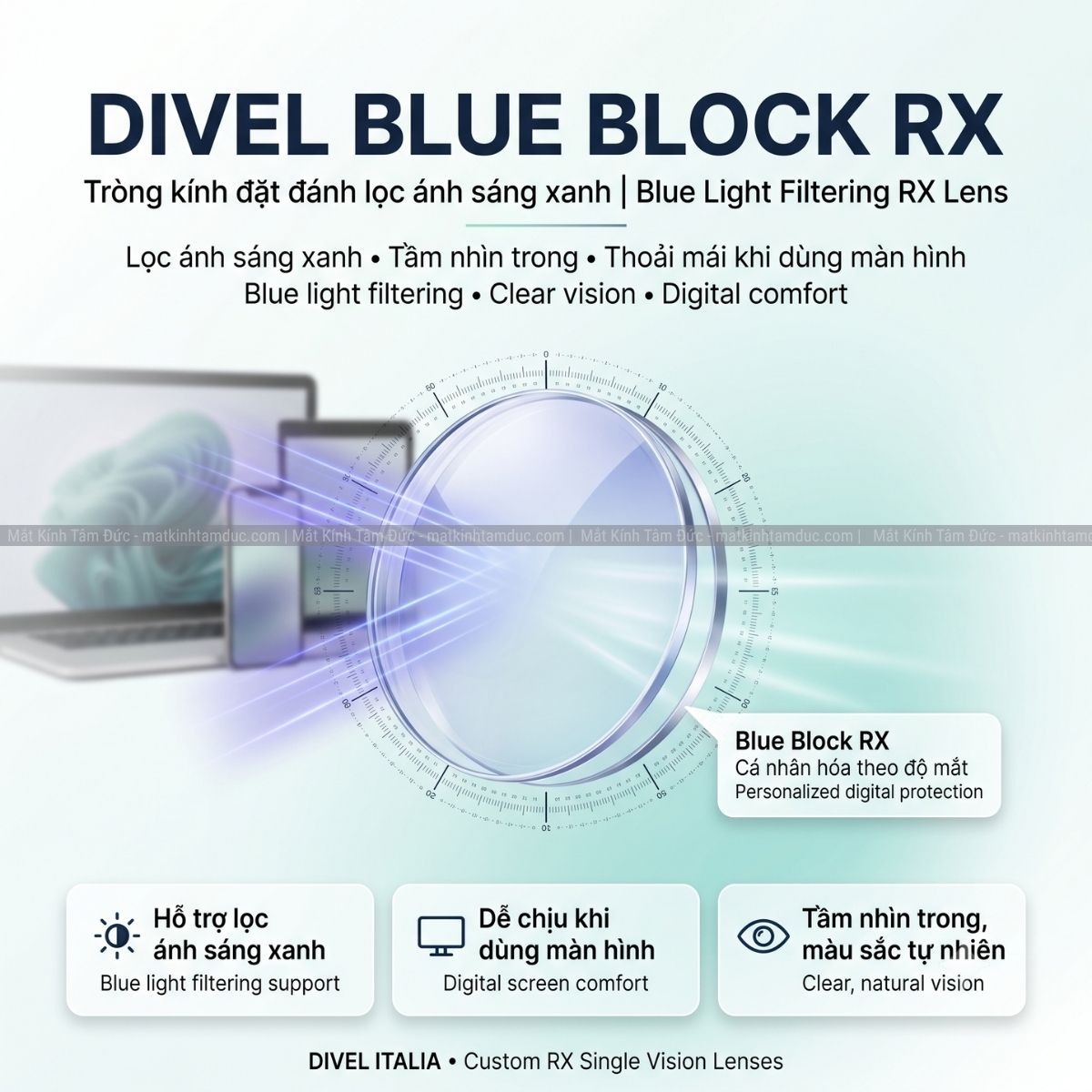 Tròng kính Đơn tròng Đặt đánh DIVEL Blue Block - Lọc ánh sáng xanh RX