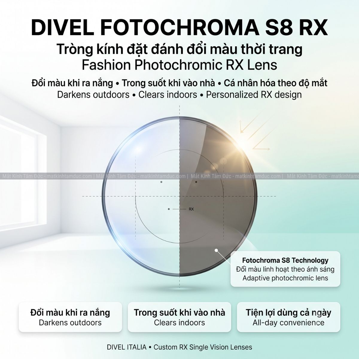 Tròng kính Đơn tròng Đặt đánh DIVEL Fotochroma S8 - Đổi màu thời trang RX