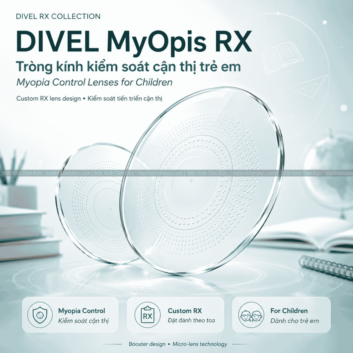 Tròng kính Đơn tròng đặt đánh DIVEL MyOpis RX - Kiểm soát cận thị trẻ em