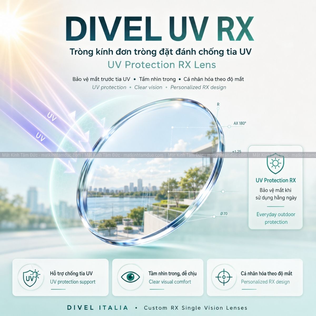 Tròng kính Đơn tròng Đặt đánh DIVEL Chống tia UV RX