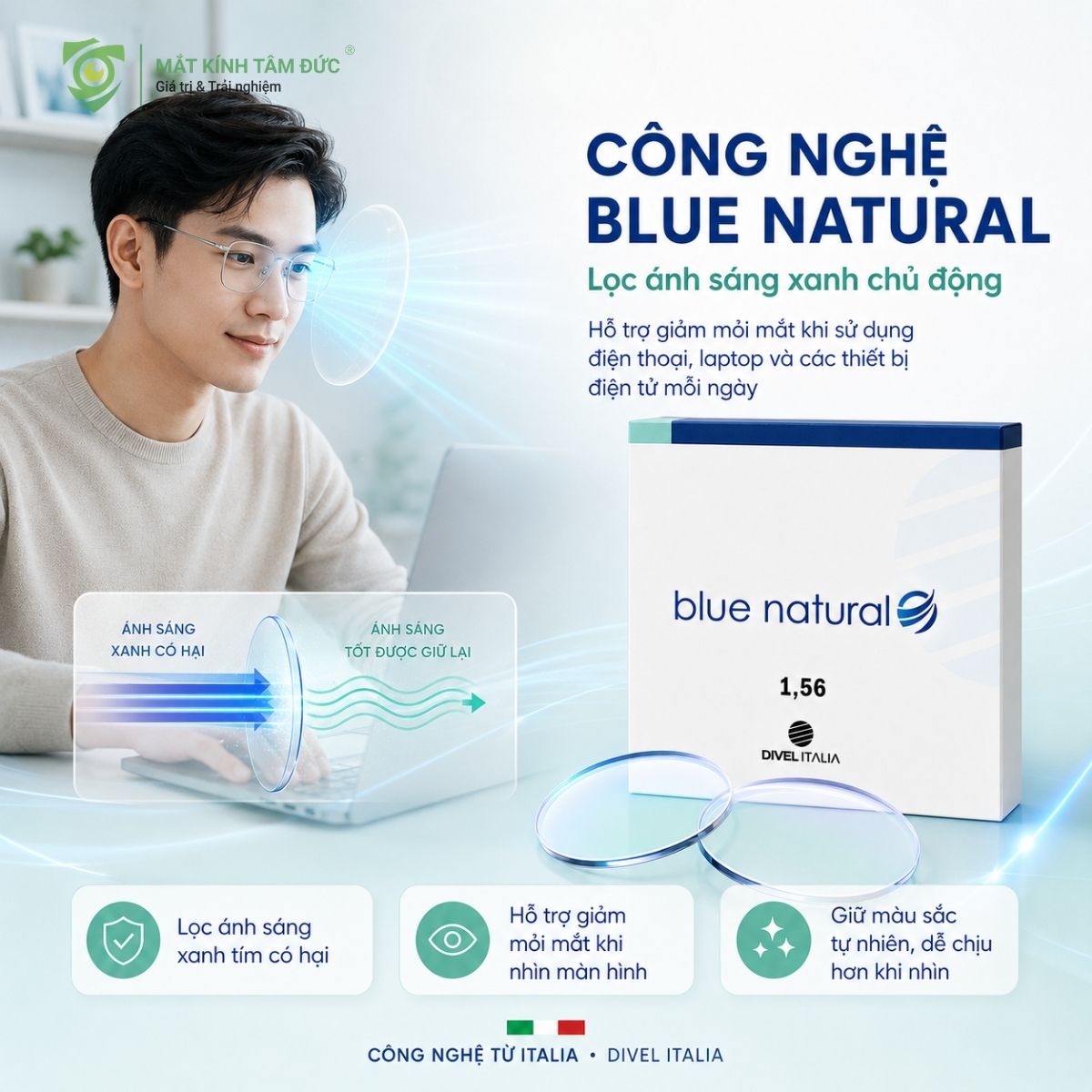 Tròng kính Đơn tròng DIVEL Blue Natural Aria - Lọc ánh sáng xanh - Ảnh 2