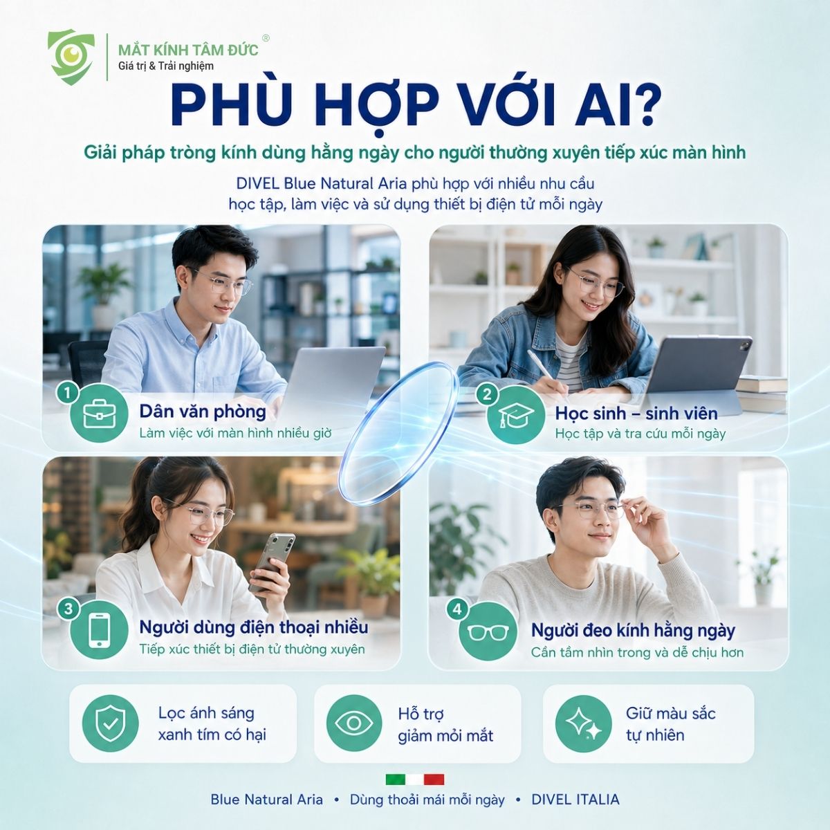 Tròng kính Đơn tròng DIVEL Blue Natural Aria - Lọc ánh sáng xanh - Ảnh 4