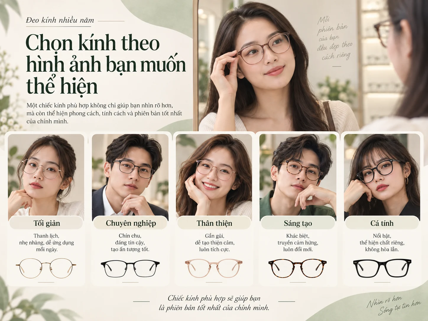 Các hướng chọn kính theo hình ảnh tối giản, chuyên nghiệp, thân thiện, năng động và cá tính