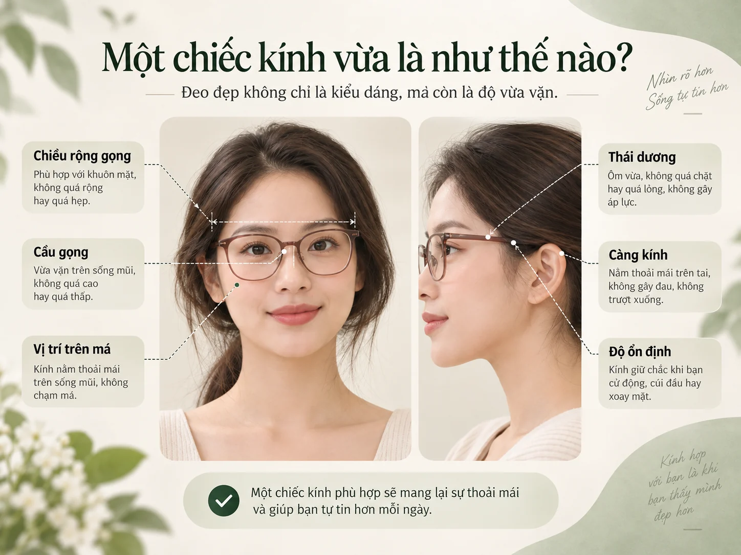 Minh họa kiểm tra chiều rộng gọng, cầu mũi, càng kính và độ ổn định khi đeo
