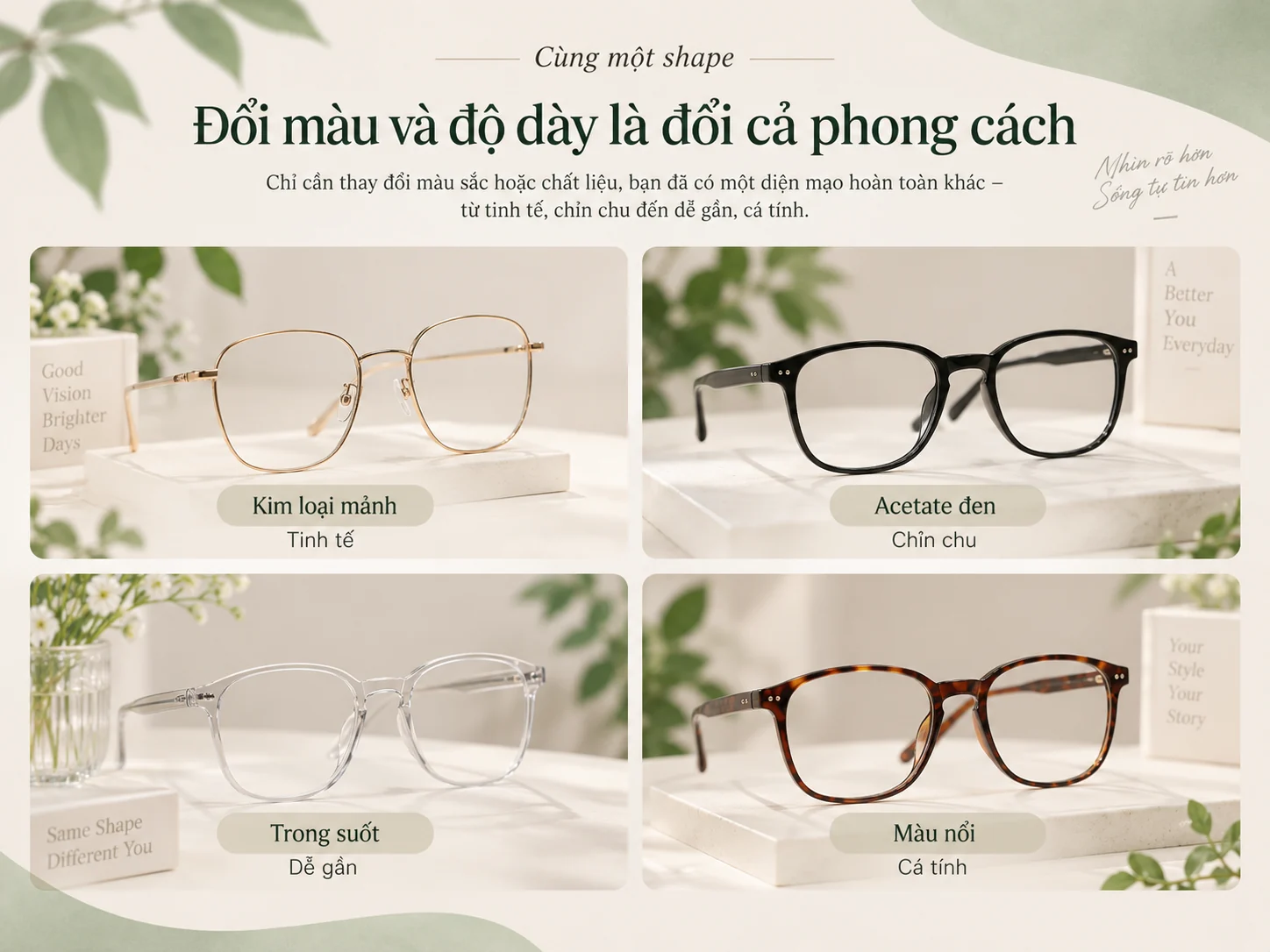 Bốn mẫu gọng khác màu sắc, chất liệu và độ dày tạo phong cách khác nhau