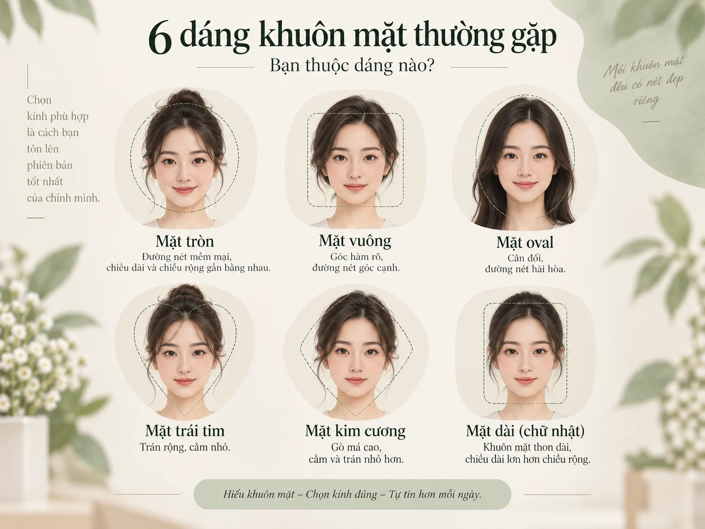 Minh họa sáu dáng mặt: tròn, vuông, trái xoan, trái tim, kim cương và dài