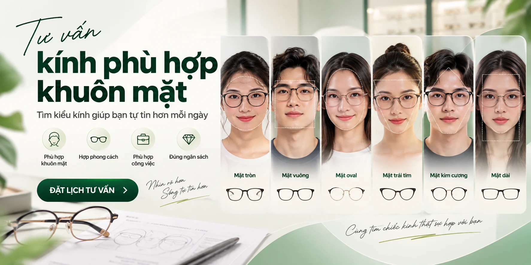 Minh họa tư vấn chọn kính phù hợp với sáu dáng khuôn mặt