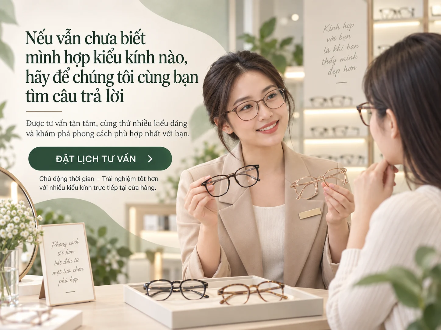 Minh họa buổi tư vấn thử gọng kính theo nhu cầu tại Tâm Đức