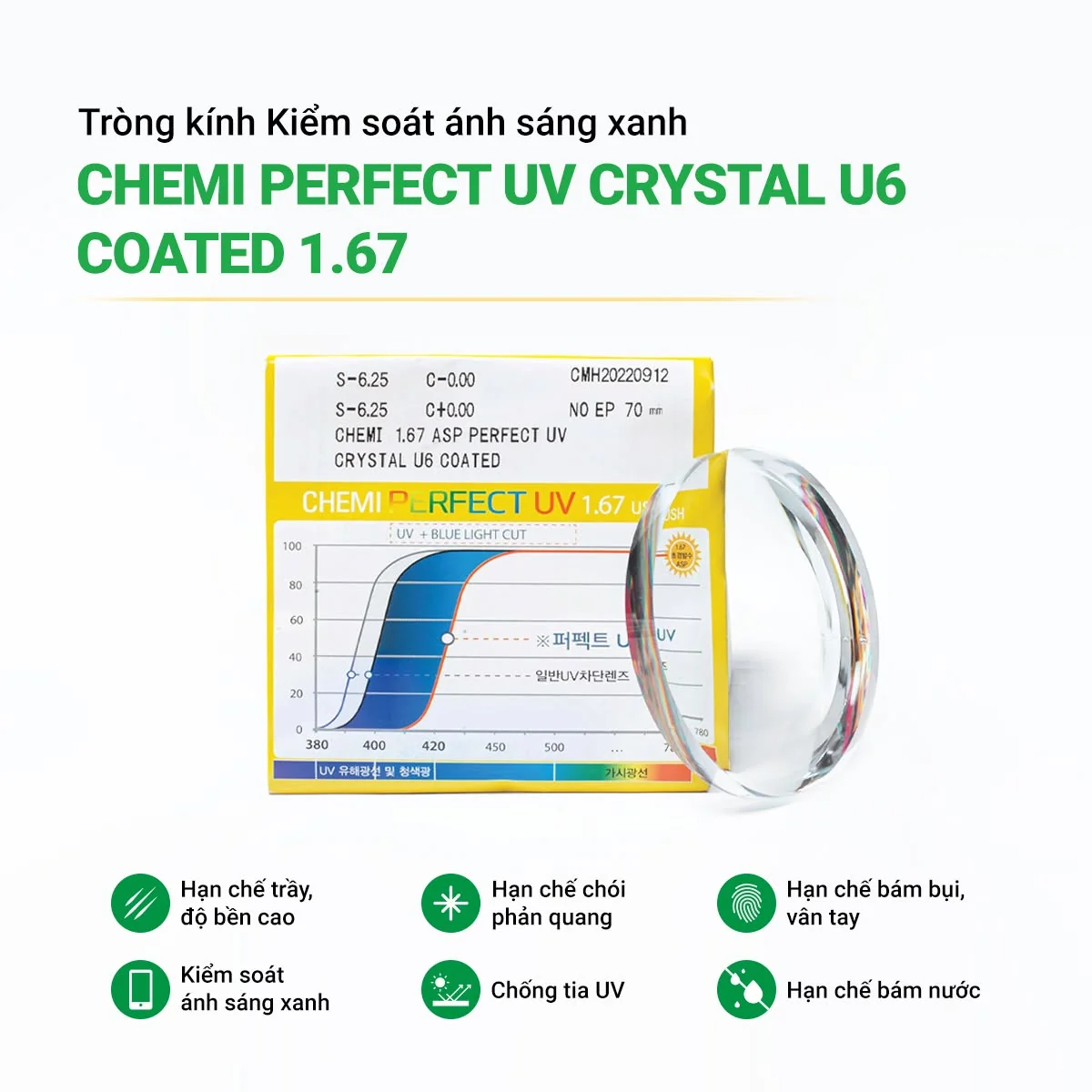 Tròng kính Chemi Perfect UV Crystal U6 Coated 1.67