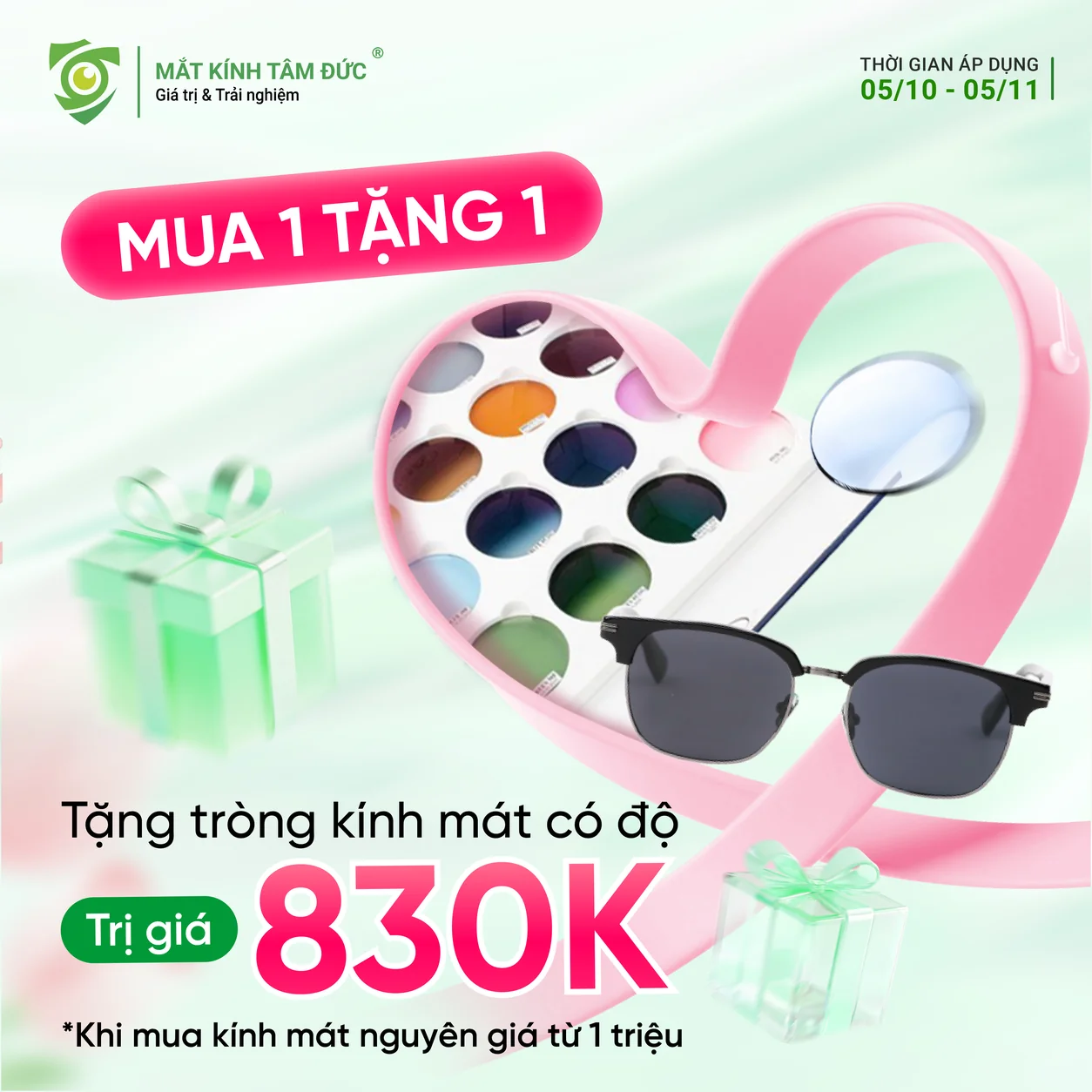 Mua 1 tặng 1 - tặng tròng kính mát có độ trị giá 830K